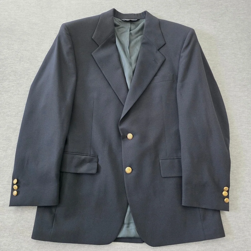 Jos A Bank Executive Collection Mens 40R Navy Blue 100% Wool Gold Button Blazer